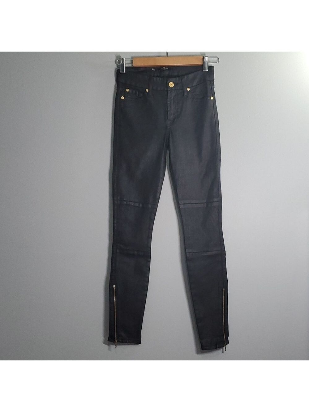 7 for all mankind jeans women's size 00 size 24 black zippered ankle wax coated